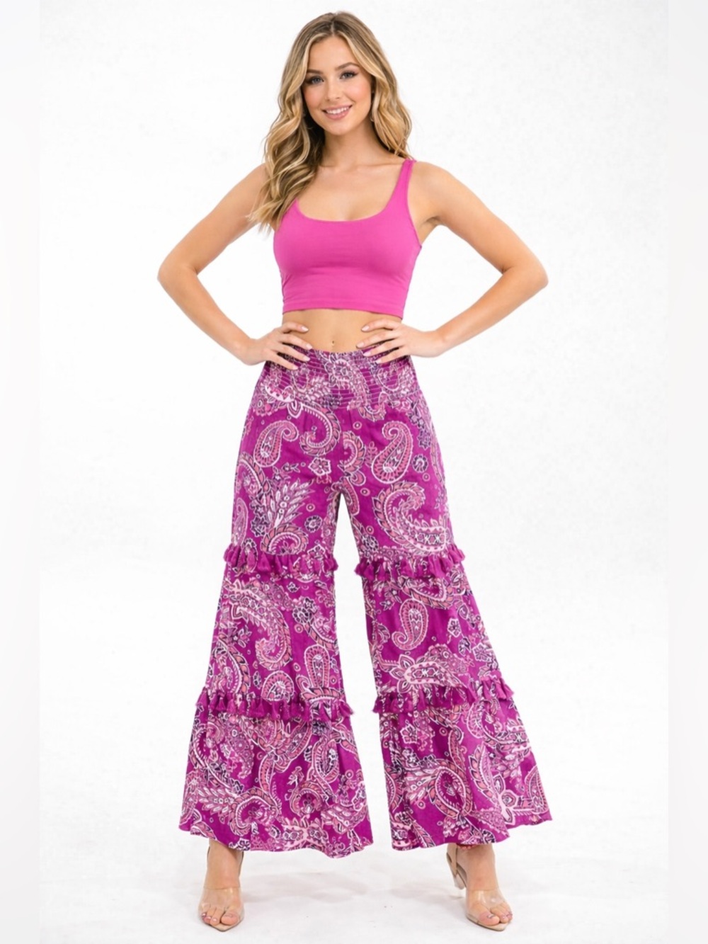 WOMEN'S SMOCK WAIST PAISLEY PRINT TIERED WIDE LEG PALAZZO PANTS